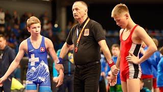 U15 M. Volkov (UKR) vs R. Goldener (SUI) 48kg. Greco-roman youth boys wrestling.