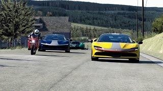 Ferrari SF90 Stradale Fiorano vs Kawasaki Ninja H2 Red Carbon vs Pagani Zonda R at Old SPA