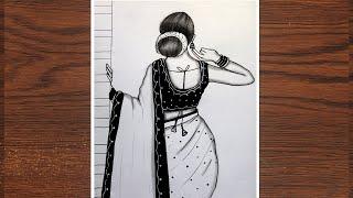 How to draw a traditional girl with Beautiful saree || pencil sketch for beginners || drawing