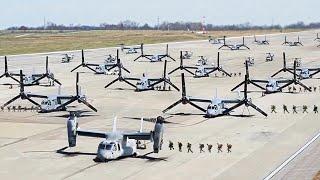 Massive Amount of US Transformer V-22s Takeoff Together at Full Throttle