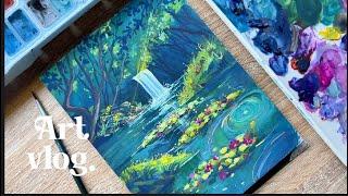 Dreamy Waterfall Gouache Painting- Ghibli and Monet Inspired ️ || Zoe Art Garden || art vlog