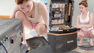 Genius girl repairs and cleans high power karaoke sound system.