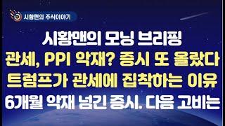 모닝 브리핑. 미 증시 관세와 PPI 발표에도 오른 이유. 세부 항목과 영향 총정리. 지수 끌어 올린 세 종목. 트럼프의 관세 집착 원인. 6개월 추세선 넘긴 증시. 다음 고비는