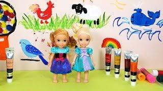 WALL Art Painting ! Elsa and Anna toddlers - school - Barbie is teacher - colors