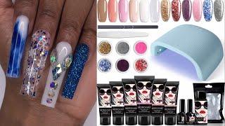 Winter Snowflake Nail Set | Extra Long Tapered Square Nails | Polygel Kit W/ Lamp | Lazy Girl Method