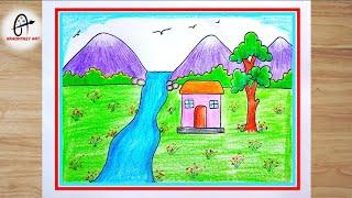 Simple Landscape Scenery Drawing | Scenery Drawing Steps | How to Draw Beautiful Landscape Scenery