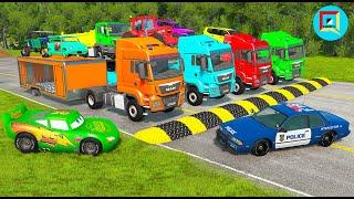 Quadruple Trucks Transporting cars with Flatbed Trailers | Cars vs Speedbump vs Train vs Pothole #16