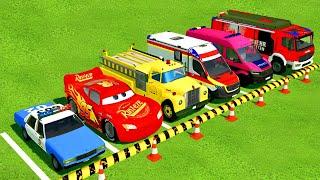 TRANSPORTING CHEVROLET, MCQUEEN CAR, FIRE TRUCKS and AMBULANCE VEHICLES with SCANIA TRUCKS !! FS22