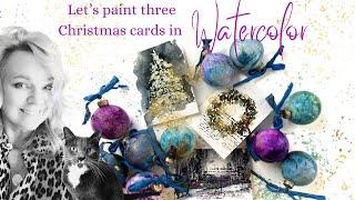 Three Christmas Cards Painted In Watercolor