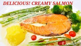 PAN FRIED SALMON WITH CREAMY GARLIC SAUCE | SALMON RECIPE