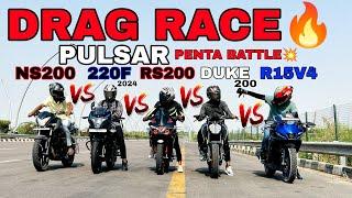 PULSAR RS200 VS NS200 VS 220F VS R15V4 VS DUKE 200||DRAG RACE ||RACE TILL THEIR POTENTIAL ||