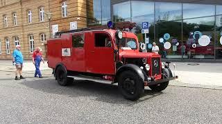 IFA Treffen Ludwigsfelde 2023 Historisches Mercedes Benz Feuerwehrfahrzeug starten und los fahren