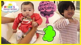 Twin Babies Fart with Kids Farting Toy Prank Whoopie Cushion! Ryan's Family Playtime with baby