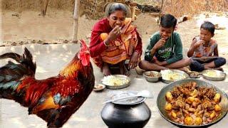 village people daily routine||santali women cooking red country CHICKEN CURRY for her children's