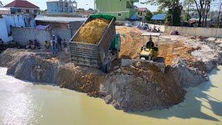 New Project Build Road on water!! 5T Trucks Unloading Stone and Dozer D31P Pushing Stone into water