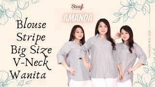 Blouse Katun Salur Jumbo Wanita LD 116 Baju Kuliah Kerja VNeck Lengan 7/8 Amanda XXL