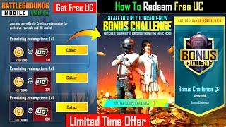 BGMI FREE UC REDEEM EVENTS | FINALLY FREE UC EVENT IN BGMI | BGMI BONUS CHALLENGE IS HERE |