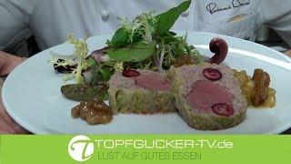 Ententerrine mit lila Kartoffeldressing und pikantem Apfeldip