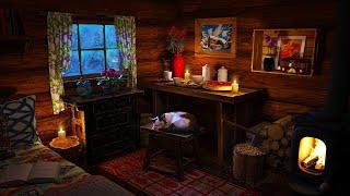 Deep Sleep & Cat Purring in a Cozy Winter Hut Ambience - Relaxing Blizzard, Fireplace & Snow Fall