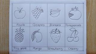 8 Different types of Fruits drawing easy| How to draw Different fruits| Fruits Chart Pencil drawing