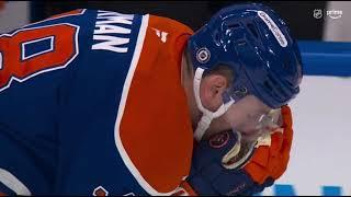 Hyman went to the Oilers' locker room after getting hit in the face by a shot from Bouchard 16.12.24