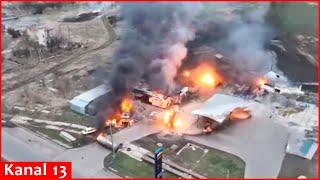 Footage of the moment a gas station with Russian military equipment is struck in Zaporizhzhia