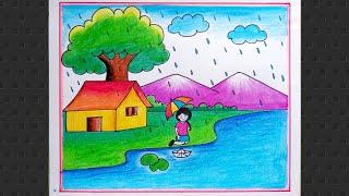 Rainy Season Drawing/ How To Draw Rainy Day Very Easy Step By Step /Rainy season Scenery Drawing