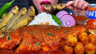 ASMR BIG FISH CURRY, FISH FRY, EGG CURRY, CHILI, ONION, RICE MUKBANG MASSIVE Eating Sounds