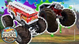 Messy Monster Trucks at Camp Crush! + More Hot Wheels Monster Truck Videos for Kids