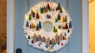 DIY Light-Up Snowy Village Wreath