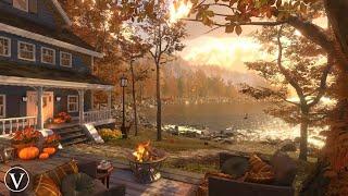 Autumn Lakeside Cottage | Sunset Ambience | Windchimes, Lakeshore, Firepit & Forest Nature Sounds