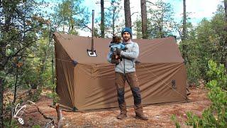 Solo Hot Tent Camping, Relaxing in Tent Shelter with Wood Stove | Camping ASMR