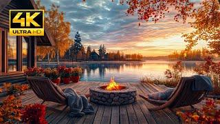 Peaceful Autumn Evening Lakeside by the Cabin: Cozy Nature Sounds. Crackling Fire Pit and Birdsong