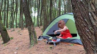 SOLO CAMPING, MORNING ROUTINE IN FOREST: RELAXING IN THE TENT WITHT THE SATISFYING SOUND OF NATURE
