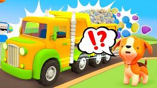 The yellow bus is BROKEN! Big trucks & police car save the bus. Helper cars cartoons for kids.