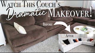 DIY Couch Makeover ~ How to Reupholster a Sectional Couch ~ Dramatic Furniture Transformation