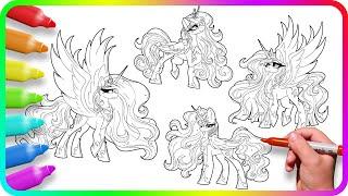 MY LITTLE PONY - 4 Princesses Coloring Pages. How to color My Little Pony. Easy Drawing Tutorial Art