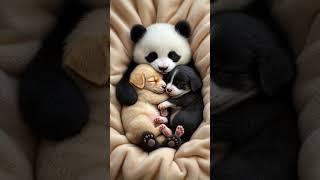 Adorable Baby Panda Cuddles Two Sleeping Puppies  | Cutest Friendship Ever! 