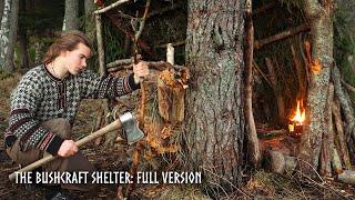 Building a Primitive Bushcraft Shelter: Chopping, Cooking, ASMR (Full Version)
