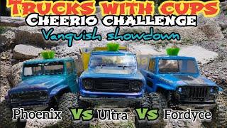 Trucks with cups Cheerio challenge. Vanquish VS410 Ultra vs. Phoenix vs. Fordyce  at  Crawler County