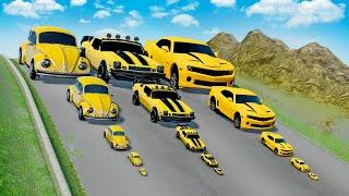 Big & Small Bumblebee vs Big & Small Bumblebee Camaro 2 vs New Bumblebee vs DOWN OF DEATH in BeamNG