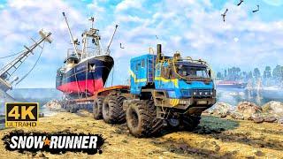 Azov 4220 Offroad Truck Towing a Fishing Boat on Dangerous River Road In SnowRunner #snowrunner #4k