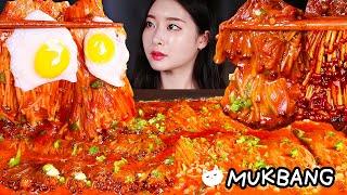 ASMR * SPICY NUCLEAR FIRE ROSE ENOKI MUSHROOMS  FRIED EGG! EXTRA CHILIES(RECIPE INCLUDED) MUKBANG