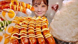 ASMR Cheese Mayo Sausage Fried Egg Grilled Green Onion【Mukbang/ Eating Sounds】【English subtitles】