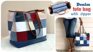 how to sew a denim tote bags with zipper from old jeans, sewing diy a zipper tote bags tutorial.