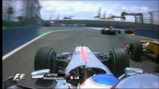 Button and Kubica battle on the first lap at Valencia 2010