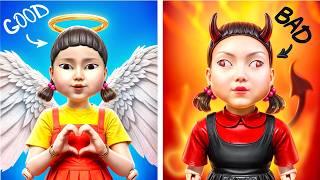 Хорошая Кукла Squid Game vs Плохая Кукла Squid Game в школе! Хорошая vs Плохая Учительница челлендж!