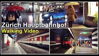 Walking Video / Langer abendlicher Spaziergang beim Hauptbahnhof Zürich, Stadt Zürich, Schweiz 2022