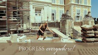 Progress everywhere! The château bridge, the moat, the interiors & the park.