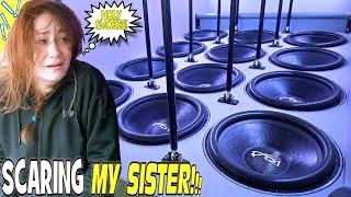 SCARING My Sister w/ 12 18 inch Subwoofers!!! LOUD Car Audio Bass + How To Fix PUSHED IN Speakers